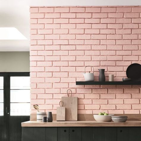 Spruce up your kitchen with pink brick walls! These brick walls are simple, yet gives your walls a whole new personality!  Try this out in your HDBs now! #blush #pastel Pink Kitchen Appliances, Pink Kitchen Designs, Brick Kitchen Backsplash, Backsplash Trends, Kitchen Backsplash Trends, Murs Roses, White Kitchen Backsplash, Brick Kitchen, Brick Backsplash