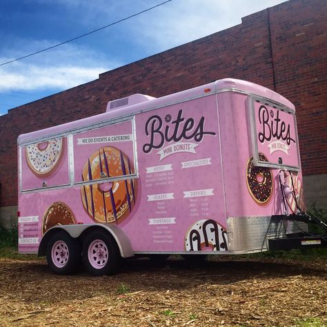 Bites Mini Donuts Food Truck Trailer Denver, Colorado #BitesDonuts #MiniDonuts… Donut Food Truck Design, Bakery Food Truck Interior, Food Trailer Wrap Ideas, Food Truck Design Graphics, Truck Design Graphics, Donut Trailer, Donut Food Truck, Donut Truck, Food Truck Trailer