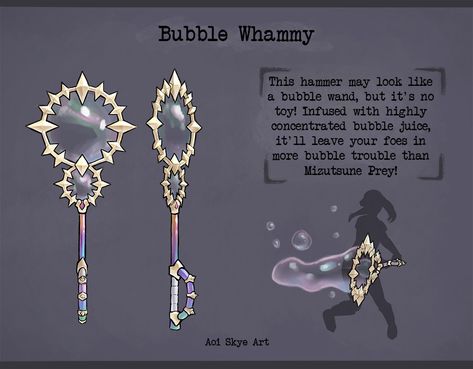 Bubble Whammy - Monster Hunter Weapon Design, April Amalfitano on ArtStation at https://www.artstation.com/artwork/G5vxW Bubble Character Design, Magic Design Ideas, Magic Objects, Bubble Magic, Bubble Wand, D D Items, Magical Accessories, Magic Wands, Mahō Shōjo