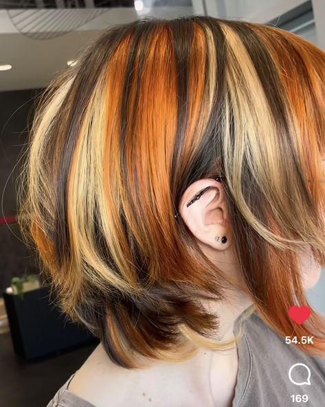 Tri Hair Color Ideas, Fox Dyed Hair Brown, Brown Hair With Dyed Tips, Calico Hair Color Placement, Rainbow Highlights Hair Brown, Calico Hair Color Short, Orange Streaks In Hair, Hairdye Inspo Short Hair, Orange And Purple Highlights