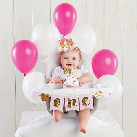 Gold Glitter 1st Birthday Décor Kit | Kate Aspen Happy Birthday Little One, Pink Banner, Birthday Highchair, Birthday Yard Signs, Hat Cake, Fiesta Tropical, Happy Birthday Girls, 1st Birthday Decorations, Cake Banner Topper