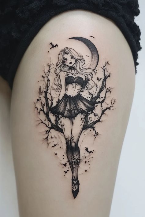 50+ Halloween Tattoo Ideas That Look Spooky Spooky Flash Tattoo, Side Thigh Tattoos Women, Spooky Flash, Graveyard Tattoo, Goth Tattoos, Halloween Tattoo Ideas, Side Thigh Tattoos, Leg Tattoo Ideas, Goth Tattoo