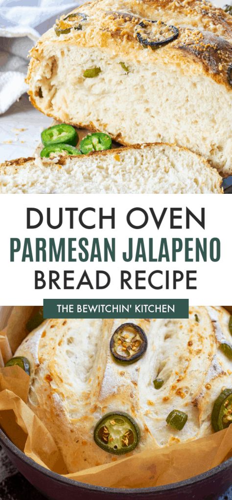 Dutch Oven Parmesan Jalapeno Bread: This easy and flavorful no knead bread recipe is amazing! Serve it with soups, with butter, or dip it in olive oil and balsamic. There is nothing better than homemade baked bread. #nokneadbread #homemadebread Jalapeno Dutch Oven Bread, Jalapeño Bread, No Knead Bread Recipe, Jalapeno Cheese Bread, Homemade Baked Bread, Parmesan Bread, Oven Bread, Homemade Buns, Dutch Oven Bread