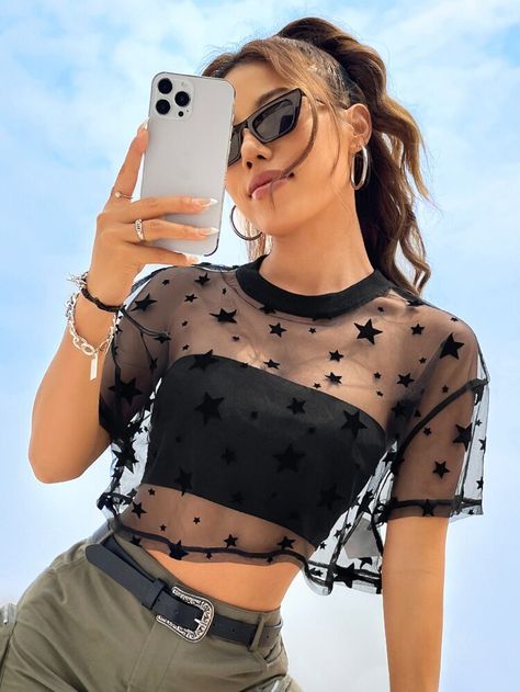 Sheer Mesh Top, Mesh Crop Top, Mesh T Shirt, Crop Top Outfits, Cropped Tops, Glamour Fashion, Mode Style, Black Crop, Black Crop Tops