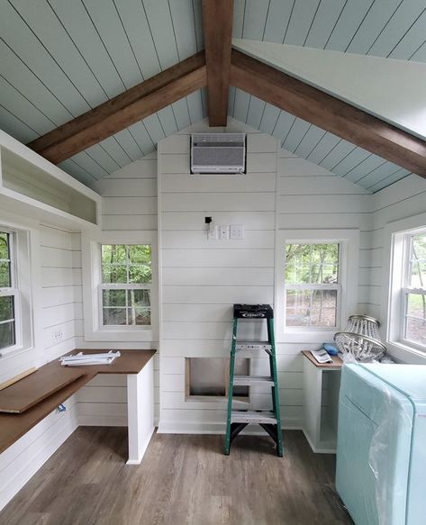 Mini Hangout Shed, Tiny Shed Interior, She’d Conversion, She Shed Studio Ideas, She Shed Office Interior Ideas, Office Shed With Loft, She Shed Closet Ideas, Diy Furniture Build, Tiny Shed Office