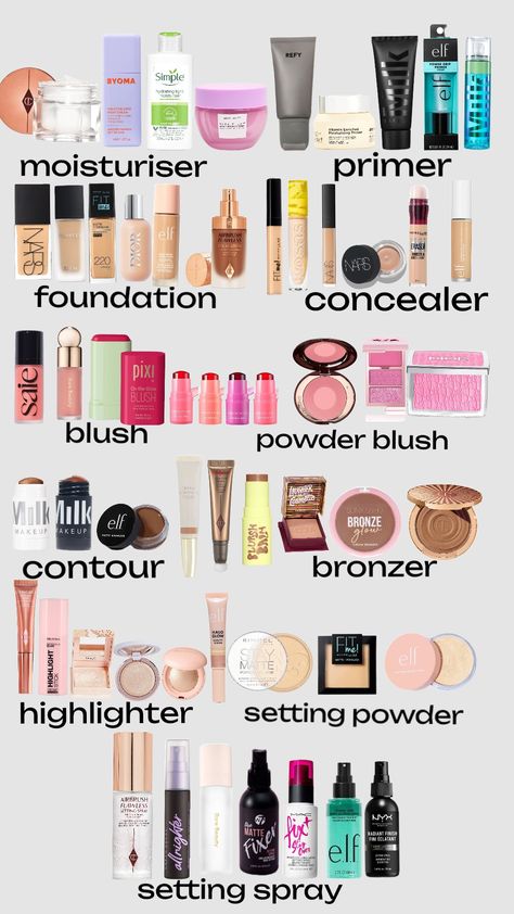 makeup Make Up Essentials For Beginner, Makeup Things You Need, Makeup Products List For Beginners, Glowy Makeup Products Drugstore, Makeup Layer Order, Makeup Basics Products, Latina Makeup Products List, Makeup Must Haves List, Makeup List To Buy