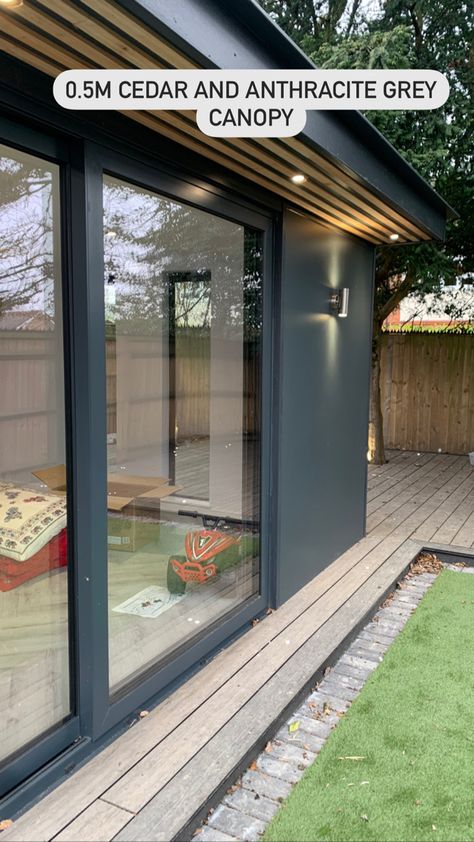 Garden room canopy overhang in anthracite grey with cedar battens Shed Canopy Ideas, Garden Room Cladding Ideas, Verandas Ideas Outdoor, Garden Rooms Outdoor, Modern Garden Room, Aesthetic Cabin, Garden Pub, Grey Fences, Garden Room Ideas