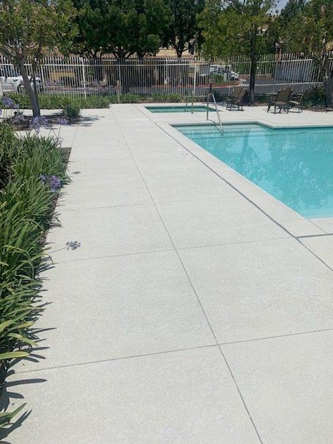 Pool Deck - Decorative Concrete Surfaces Decorative Concrete Pool Deck, Honed Concrete Pool, Pool Deck Concrete Ideas, Pool Concrete Deck Ideas, Concrete Around Pool Ideas, Concrete Pool Coping, Concrete Pool Deck Ideas, Deck Options, Pool Decking Concrete