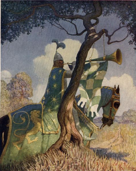 N.C.Wyeth on Twitter: "The green knight preparing to battle Sir Beaumains #ncwyeth #wyeth… " N C Wyeth, The Boy King, Nc Wyeth, Old Posters, Howard Pyle, Roi Arthur, Frederic Remington, Green Knight, Alphonse Mucha