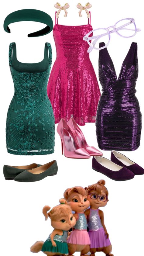 Chipettes alvin and the chipmunks Halloween costume outfit inspo pink green purple glitter mini dress idea Chipmunks Halloween Costume, Alvin And The Chipmunks Halloween, The Chipettes, Halloween Costume Idea, Alvin And The Chipmunks, Halloween Costume Outfits, Halloween Girl, Chipmunks, Girl Costumes