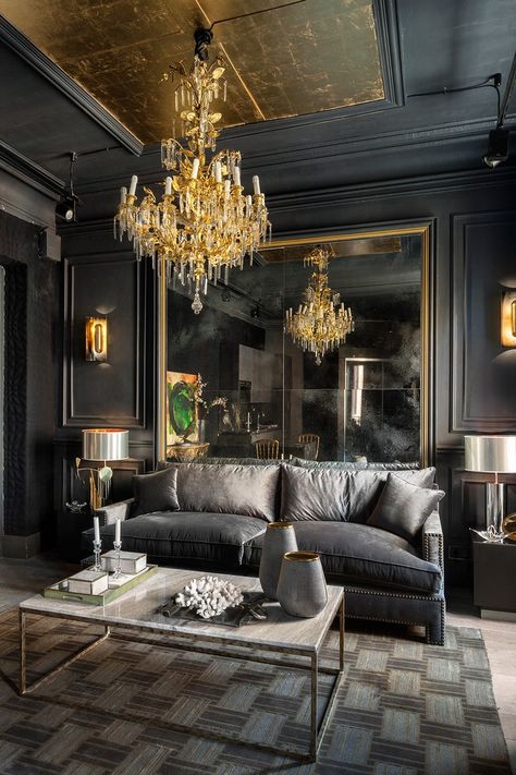 Go Big or Go Home: Bold Interior Design Ideas Dark Living Rooms, Dark Interiors, Elegant Living Room, Hotel Decor, Elegant Living, Contemporary Home Decor, Black Walls, Luxury Home Decor, Luxury Living Room