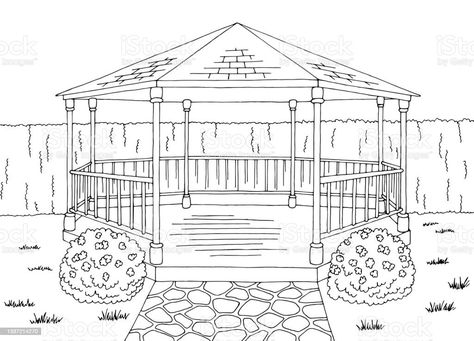 Gazebo Drawing, Backyard Drawing, Simple Gazebo, Institutional Building, Dream House Drawing, Elevation Drawing, Interior Design Sketches, Landscape Sketch, Architecture Design Concept