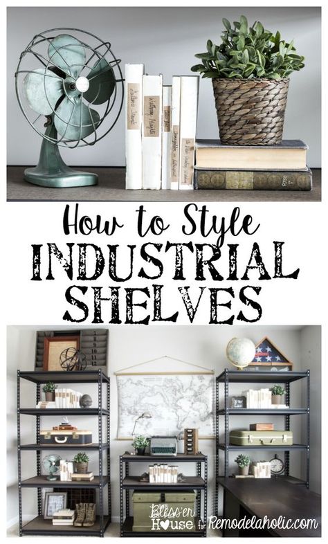 How to Style Industrial Shelves on the Cheap | blesserhouse.com - I needed these tips ages ago! Great post to make shelf styling really simple. Facade Stairs, Industrial Diy Decoration Ideas, Diy Industrial Home Decor, Apartment Facade, Industrial Shelves, Rack Industrial, Industrial Farmhouse Decor, Industrial Bookshelf, Styling Shelves