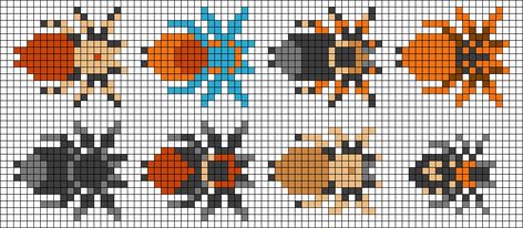 Minecraft Embroidery Designs, Bigfoot Perler Beads, Spider Cross Stitch Pattern, Pixel Art Insect, Insect Perler Bead Patterns, Perler Bead Bugs, Spider Perler Beads, Bug Alpha Pattern, Bug Perler Bead Patterns