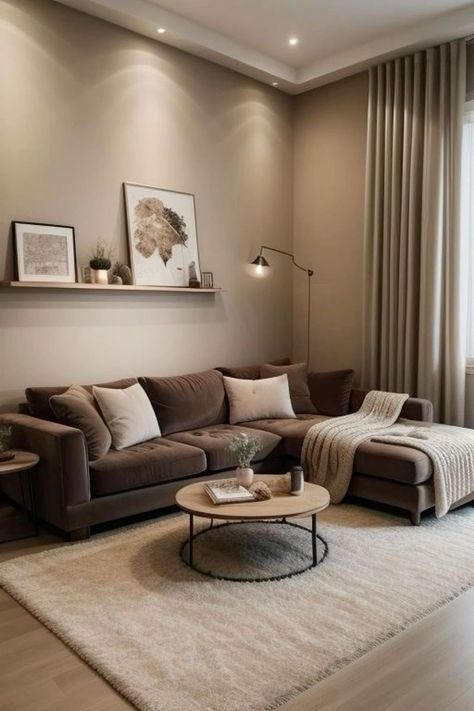 Living Room Decor Basement, Brown Color Schemes For Living Room, Apartment Brown Aesthetic, Neutral Apartment Inspiration, Living Room Brown Decor, Light Oak Living Room Ideas, Living Room One Wall Different Color, Interior Design Brown Couch, Dark Beige Walls Living Room