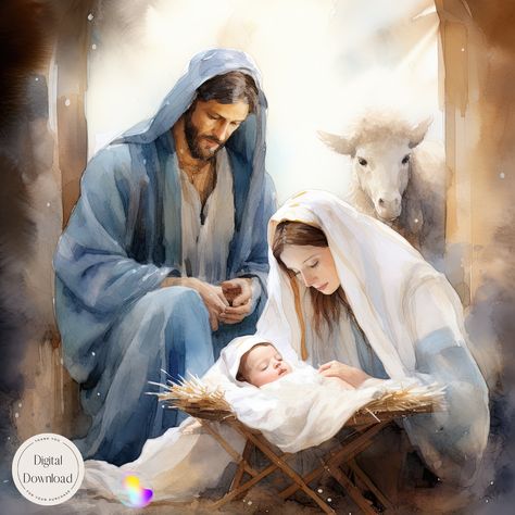 This nativity painting is the perfect gift for loved ones, a thoughtful way to share the Christmas spirit, and a meaningful addition to your holiday celebrations. It's a reminder of the miracle that occurred on that starry night in Bethlehem and a beautiful testament to the love and joy of the season. Manger Scenes Nativity Painting, Nativity Scene Printable, Nativity Scene Painting, Nativity Digital Art, Manger Scene Illustration, Baby Jesus Pictures, Christmas Nativity Scene Holyart.es, Starry Night Nativity Scene, Nativity Art