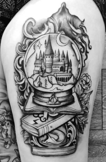 Forearm Tattoo Women Harry Potter, Harry Potter Upper Arm Tattoo, Harry Potter Tattoos Gryffindor, Harry Potter Thigh Tattoo Women, Girly Harry Potter Tattoo, Large Harry Potter Tattoo, Big Harry Potter Tattoo, Harry Potter Thigh Tattoo, Harry Potter Book Tattoo