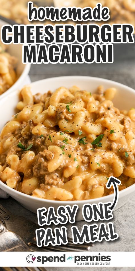 Cheeseburger macaroni is pure home-cooked comfort using pantry staples in one pot! Browned ground beef is cooked with elbow macaroni and savory seasonings in a creamy broth until tender. Stir in shredded cheddar or Velveeta cheese and dinner is served! Cheeseburger macaroni is ready in under 30 minutes, making for a perfect weeknight meal. #cheeseburgermacaroni #spendwithpennies #cheeseburgermacaroniskillet #cheeseburgermacaronirecipe Homemade Cheeseburger Macaroni, Elbow Macaroni Recipes, Cheeseburger Macaroni, Beef Macaroni, Homemade Cheeseburgers, Macaroni Recipes, Homemade Hamburger, Velveeta Cheese, Homemade Hamburgers