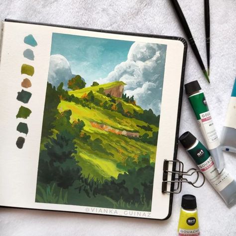 Gouache Painting Inspiration, Gouache Illustrations Landscape, Gouache Scenery, Vianka Guinaz, Guache Illustration, Gauche Painting, Gouache Art, Arte Sketchbook, Watercolor Inspiration