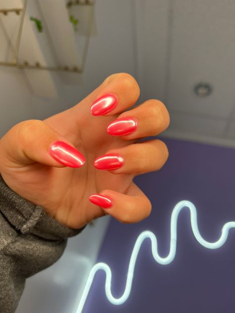 Red An Pink Nails, Hot Pink Chrome Acrylic Nails, Colorful Crome Nails, Red Pink Chrome Nails, Coral Chrome Nails Designs, Salmon Chrome Nails, Big Apple Red Almond Nails, Pink And Red Chrome Nails, Hot Pink Chrome Nails Square