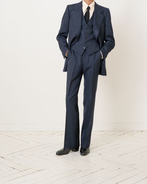 navy with pinstripes single-breasted suit in twill   #NEWCOLLECTION #HUSBANDS11 #HUSBANDSPARIS Husbands Paris, Mens Pinstripe Suit, Grad Suits, Classy Outfits Men, Classy Suits, Korean Casual Outfits, Men Stylish Dress, Pinstripe Suit, Outfit Grid