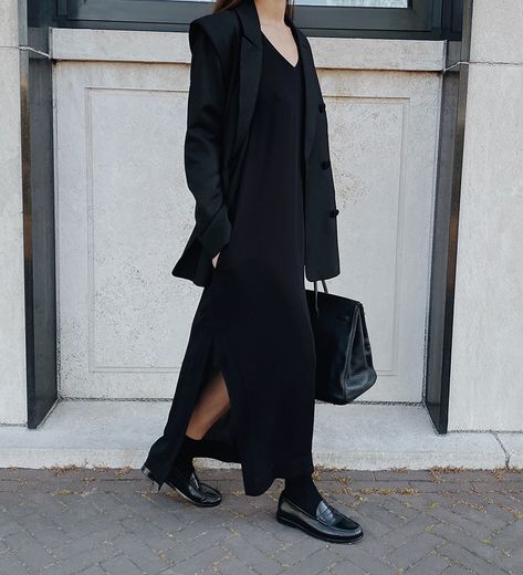 Black Slip Dress Blazer Outfit, Black Knit Maxi Dress Outfit, Maxi Dress And Blazer Outfit, Dress And Blazer Outfit, Black Maxi Dress Outfit, Hermes Birkin Bag, Outfit Minimalist, Dear Frances, Angel Fashion