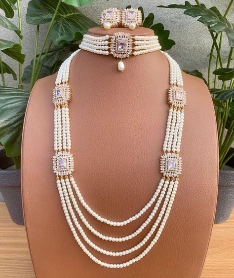 Choker set with long Mala 4300 only #chokerset #mala #studs #stonejewellery #kundanjewellery #bridaljewellery #zirconjewellery #hyderabadijewellery #traditionaljewellery #casualjewellery #casualwear #fatimajewels #karachi #lahore #islamabad #pakistan #uk #usa #uae #saudiarabia #partywear #bridalwear #jewellery #jewellerylovers #weddingseason #jewelsbyfatimakhan Elegant Wedding Mala With Pearl Chain, Traditional Handmade Luxury Mala, Traditional White Mala With Gemstone Beads, Traditional Adjustable Mala With Large Beads, Luxury Gold Bollywood Mala, Mala Jewelry, Kundan Jewellery, Wedding Season, Bridal Wear