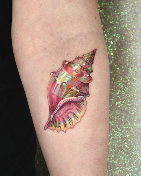 ✨Iridescent✨ | Instagram Shell Tattoo, Seashell Tattoos, Colorful Tattoo, 16 Tattoo, Iridescent Shell, Tatuaje A Color, Tattoo Ideas Female, Tattoo Cover, 1 Tattoo