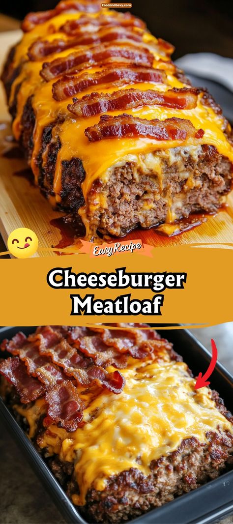 Reimagine comfort food with Cheeseburger Meatloaf, combining the beloved flavors of a juicy cheeseburger into a hearty meatloaf form. This dish features ground beef seasoned with mustard and ketchup, studded with chunks of cheese, and topped with a pickle relish glaze for a fun twist on classic flavors. #CheeseburgerMeatloaf #ComfortFood #CreativeCooking Cheeseburger Meatloaf Recipes, Cheese Meatloaf, Bacon Cheeseburger Meatloaf, Tasty Meatloaf Recipe, Meatloaf Burgers, Cheeseburger Meatloaf, Bacon Meatloaf, Homemade Meatloaf, Good Meatloaf Recipe