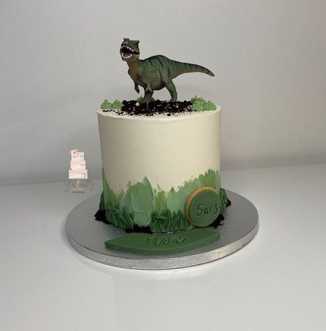 Dainosor Birthday Cake, Cool Easy Cake Decorating Ideas, Dinosaur Mini Cake, Dinousar Cake Ideas, Dino Cake Simple, T Rex Cake Easy, Anklyosaurus Cake, Dinosaur Round Cake, Simple Dinosaur Cake Ideas