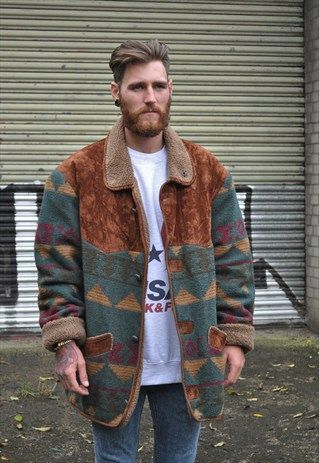 Vintage Retro 80s Fleece Wool Aztec Jacket Coat 1944 Quilted Jacket Street Style, Kpop Fashion Men, Mens Winter Fashion Outfits, Patterned Jacket, Aztec Jacket, Boho Men, Men Jackets, Hippie Style Clothing, Men Fashion Casual Outfits