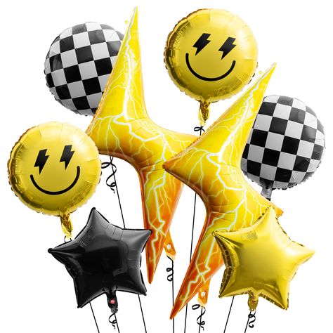 PRICES MAY VARY. Quantity: The package contains 8 piece smile theme checkered helium balloons, which could be a convenient quantity for decorating a smaller space or for creating a focused display. Unique Design: The balloons in the set are designed with a black and white checkered pattern, a lightning shape, and a star shape, which adds visual interest and variety to the set. Material: The balloons are made from aluminum film material, which is durable and long-lasting. This material also gives 5 Year Birthday Party Theme, Checkered Theme Party, Checkered Smiley Face Birthday, Boys Birthday Decoration Ideas, Two Cool Birthday Party Boy Decorations, 5 Is A Vibe Birthday Party Boy, Four Ever Young Party Theme Boy, Checkered Birthday Theme, 10th Birthday Boy Party Themes