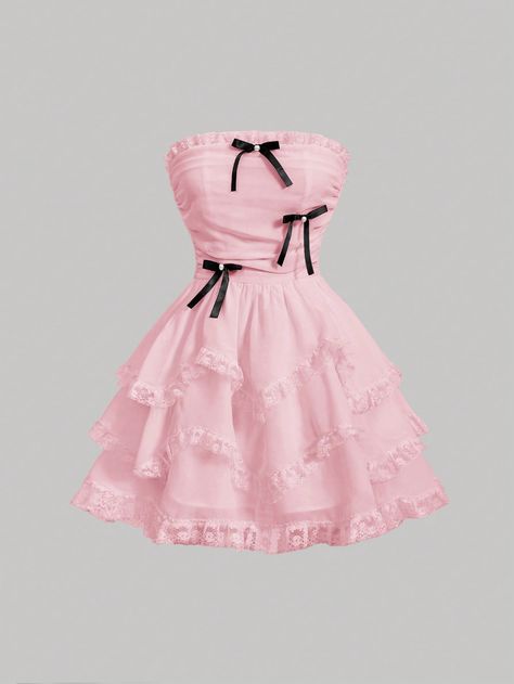 Pink Sexy Collar Sleeveless Woven Fabric Colorblock,Plain A Line,Fit and Flare Embellished Non-Stretch  Women Clothing Cute Pink Dresses, Rose White Dress, Pink Dress With Bow, Dresses With Bows, Pink And White Dress, White Strapless Dress, Rose Bonbon, Dress For Short Women, Mode Inspo