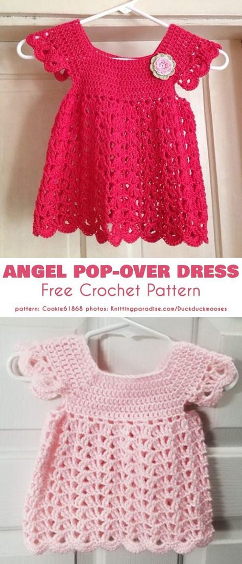 Angel Pop Over Dress Free Crochet Pattern Baby Crochet Dress Patterns Free, 2t Crochet Dress Pattern Free, Free Crocheted Toddler Dress Patterns, Pop Over, Crochet Newborn Dress, Free Crochet Baby Patterns, Crochet Dress 12 Months Free Pattern, Crochet 12 Month Dress Free Pattern, Crochwt Dress Baby