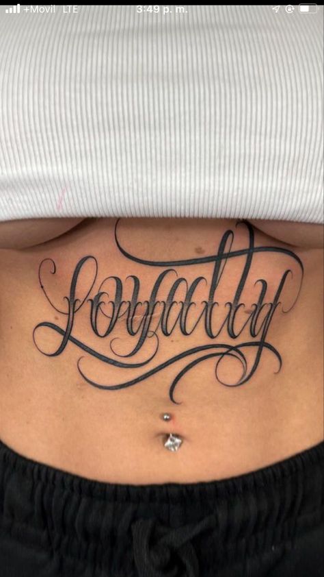 Word Tattoos On Stomach, Blessed Stomach Tattoo, Lower Back Script Tattoos, Script Stomach Tattoo, Stomach Script Tattoo, Stomach Tattoos Women Words, Women Stomach Tattoos, Female Stomach Tattoos, Savage Tattoo