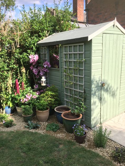 Back Shed Ideas, Back Of Shed Ideas, Pretty Sheds Ideas, Disguise Garden Shed, Sage Green Playhouse, Pretty Garden Sheds, Green Shed Ideas, Pretty Shed Ideas, Garden Shed Colours Ideas