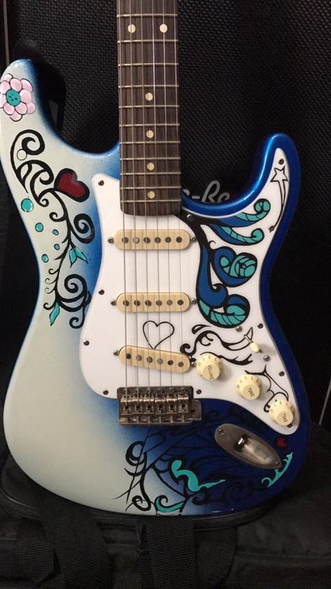 Jason's custom Stratocaster. Inspired by Jimi Hendrix' Monterey style guitar. This design is painted in Lake Placid blue  with a custom coordinating pickguard. Body and pickguard created by the Axetreme Creations Custom Shop. Custom Stratocaster Paint, Custom Guitar Paint Jobs, Electric Guitar Custom Paint, Hand Painted Electric Guitar, Guitar Pickguard Art, Custom Stratocaster, Monterey Style, Painted Guitars, Painted Guitar