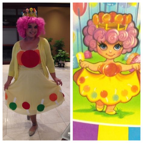 Halloween costume 2013: Princess Lolly from Candy Land. Dress and cardigan: already owned. Wig: Party City. Crown: Target (party favors). Lollipops for crown: Party city. Lollipops on dress made from felt and sewed on. Probably my favorite costume I've done in a few years! Princess Lollipop Costume, Candy Land Theme Costumes, Princess Lolly Candyland, Candy Land Characters Costumes, Candy Land Costumes Women, Candy Land Halloween Costumes, Candyland Halloween Costume, Candyland Costume Diy, Princess Lolly Costume