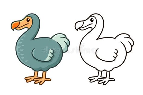 Cartoon dodo bird drawing. Cute cartoon dodo bird drawing. Color and black and white outline for coloring. Funny vector clip art illustration royalty free illustration Dodo Outline, Dodo Cartoon, Mauritius Drawing, Dodo Bird Tattoo, Dodo Bird Drawing, Dodo Drawing, Bird Drawing Cute, Dodo Tattoo, Dodo Illustration