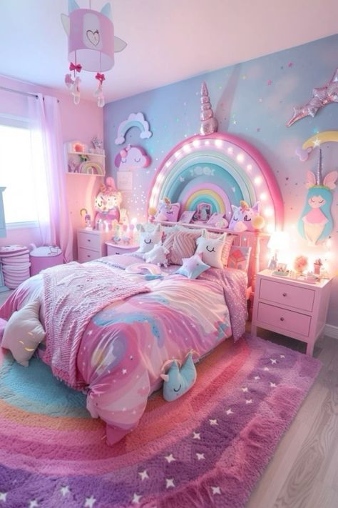 Modern Unicorn Bedroom, Pink Kids Room Ideas, Pink Unicorn Room Ideas, Bedroom For 5 Year Girl, Unicorn Bedroom Decor Girl Rooms, Pink Room Ideas For Kids, Rainbow Girls Room Ideas, Unicorn Theme Room Bedroom Ideas, Unicorn Room Ideas Bedrooms