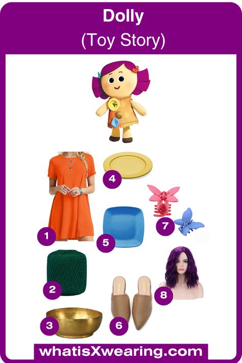 How to dress like Dolly from Toy Story. Click for easy step-by-step DIY outfit guide. Toy Story Costumes Diy, Toy Story Outfit Ideas, Toy Story Diy, Toy Story Costumes, Costume Guide, Dolly Doll, Dyed Hair Purple, Toy Story Characters, Toy Story 3