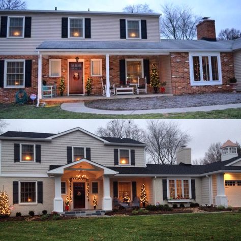 Outside Home Remodel Before And After, Change Exterior Of House, 1970s Home Exterior Makeover, 80s Home Exterior Update, Update 1970s Home Exterior, Colonial House Exterior Before And After, Change Roof Line Before And After, 70s Colonial Exterior Update, Roof Renovation Before And After