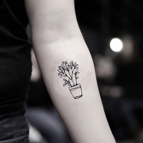 Small Plant Tattoo Simple, Pot Plant Tattoo, Flower Pot Tattoo, Unique Tattoos Black Women, Christian Sleeve Tattoo, Back Of Shoulder Tattoo, Custom Temporary Tattoos, Plant Tattoo, Disney Tattoo