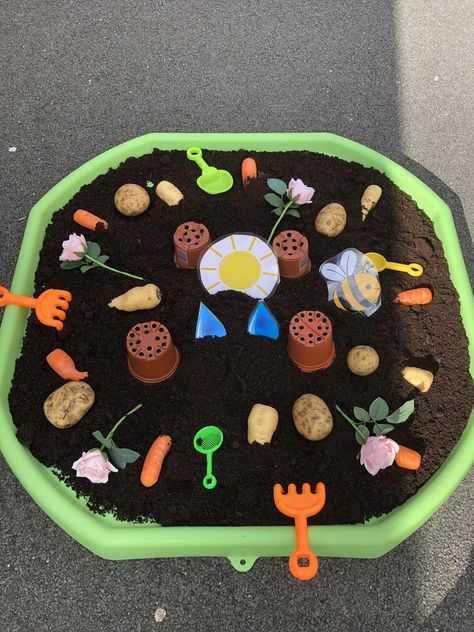 Vegetable Tuff Tray Ideas, Soil Tuff Tray Ideas, Hungry Caterpillar Outdoor Activities, Spring Theme Tuff Tray, The Very Hungry Caterpillar Eyfs Tuff Tray, Peter Rabbit Tuff Tray, Gardening Tuff Tray Ideas, Growing Tuff Tray Ideas, Planting Tuff Tray