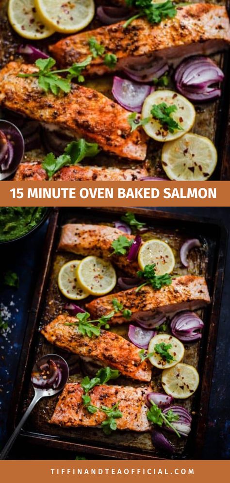 Oven baked salmon on tray Oven Salmon Recipes, Fish Meal Prep, Prawns Recipes, Salmon Meal Prep, Eid Recipes, Salmon Recipes Baked Healthy, Fall Dinners, Oven Baked Salmon, Starter Recipes