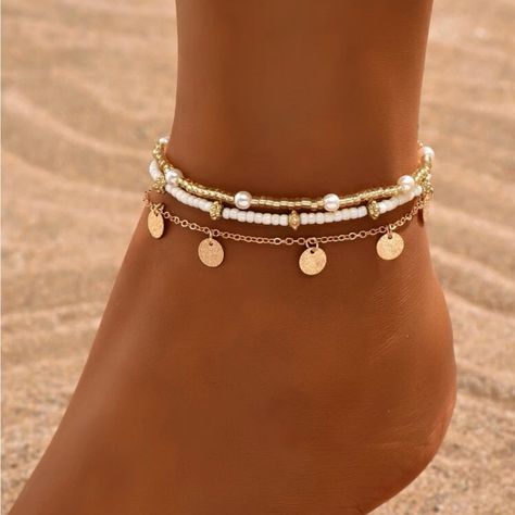 Gold Tone 3pcs Anklet Cute Beaded Anklets, Cute Anklets Diy, Unique Anklets, Ankle Accessories, Ankle Bracelets Boho, Cute Anklets, Anklet Set, Anklet For Women, Silver Strand