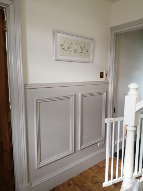 Top - F&B Pointing, Bottom -F&B Cornforth White Cornforth White Woodwork, Grey Panelled Hallway, Painted Doors And Skirting, Pointing Farrow And Ball Hallway, Living Room Panelling Colour Ideas, Painted Waistcoating, Grey Panelling Hallway, Farrow And Ball Panelling, Pointing Farrow And Ball