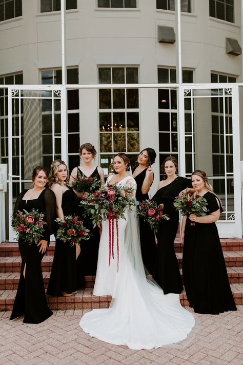 Lovely black bridesmaids dresses for this stunning timeless wedding in Florida. Chic and classic look! See the rest of the wedding photos at thebridalfinery.com! Black Bridesmaids Dresses // Black and White Wedding // Long Sleeve Wedding Dresses // Florida Weddings December Wedding Black Bridesmaid Dresses, Black Long Sleeve Bridesmaid Dresses, Black Bridesmaid Dresses Fall Flowers, Winter Black Bridesmaid Dresses, Black Winter Bridesmaid Dresses, Black And White Christmas Wedding, Black Bridesmaid Dresses Winter, Black Bridesmaid Dress Winter, Black Bridesmaid Dresses Fall