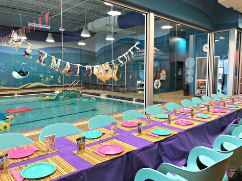 Mermaid Swimming Party, Indoor Pool Birthday Party Ideas, Goldfish Swim School Birthday Party, Indoor Pool Birthday Party, Indoor Pool Party Ideas For Kids, Mermaid Swim Party, Swim Birthday Party Ideas, Indoor Pool Party Ideas, Swim Party Ideas