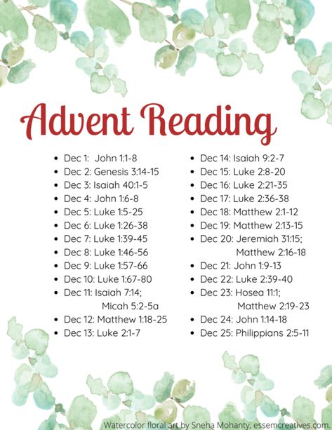 Bible Verse Advent Calendar, Reading Calendar, Advent Prayers, Advent Readings, Watercolor Floral Art, Faith Crafts, The Christmas Story, Bible Study Topics, Teaching Third Grade